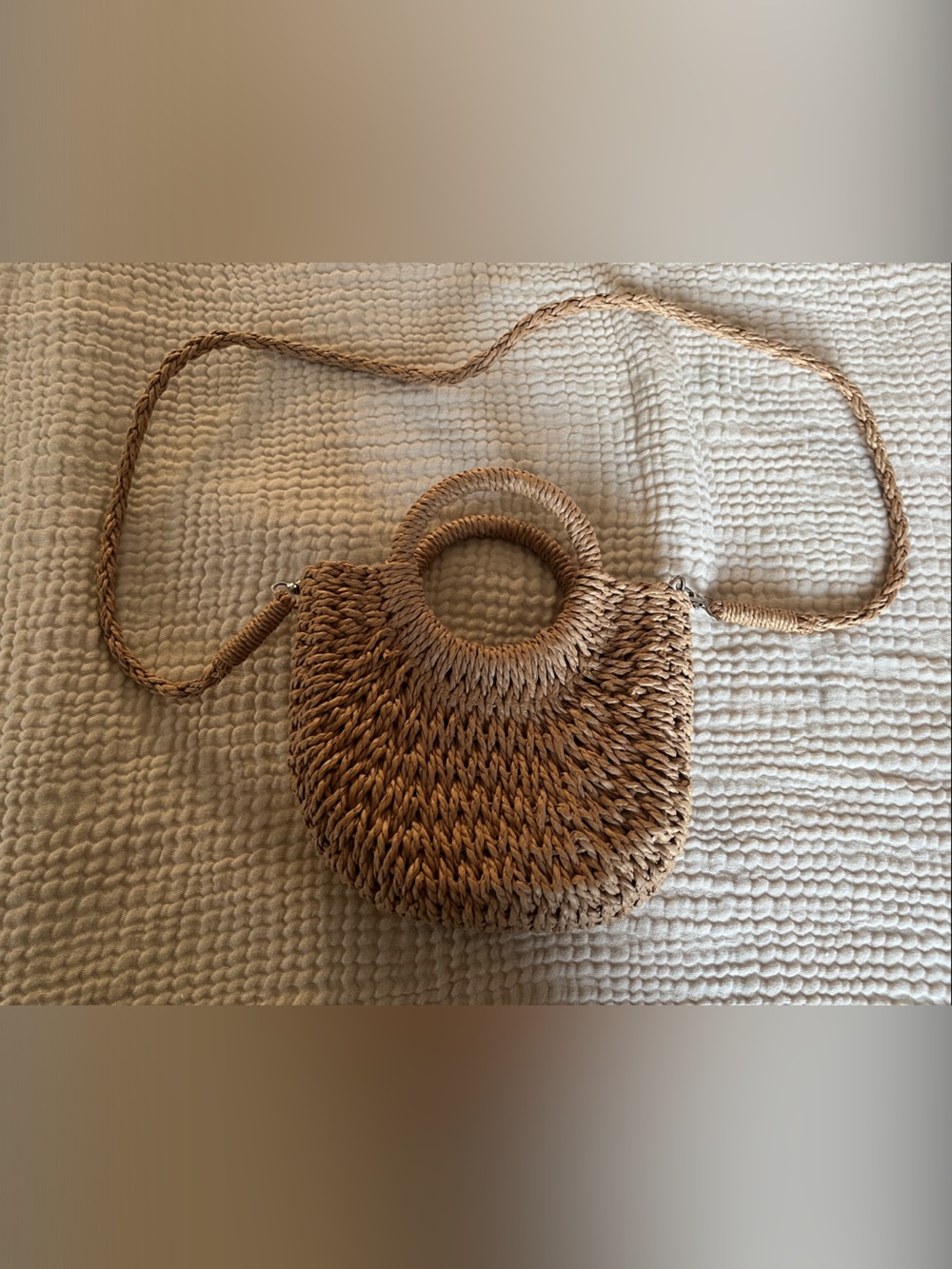 Handwoven Round Handle Crossbody Bag - Natural Tan